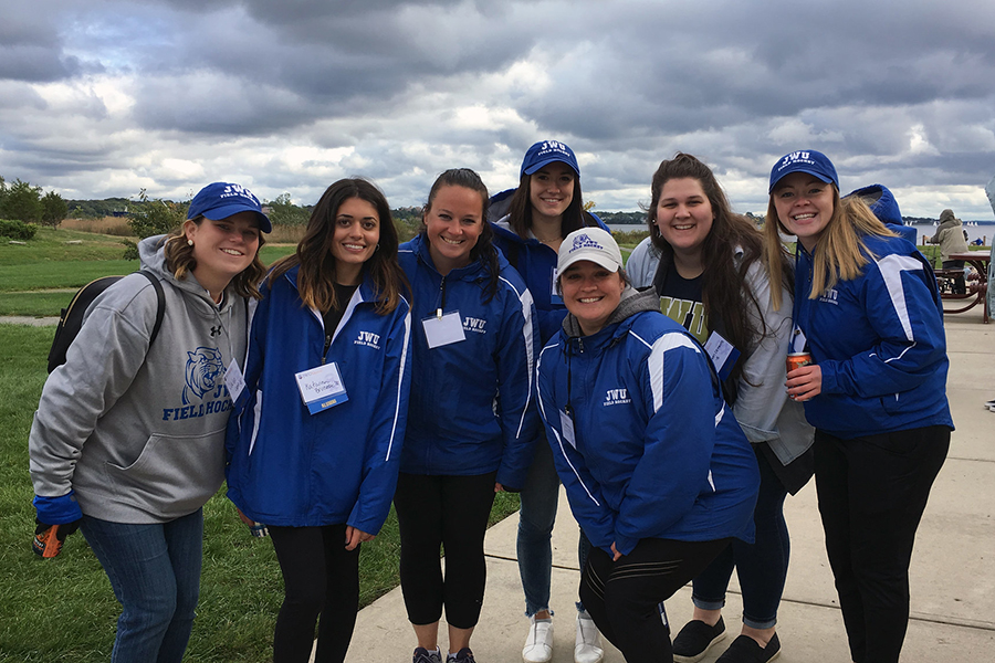 Group photo of JWU students on Harborside campus. 